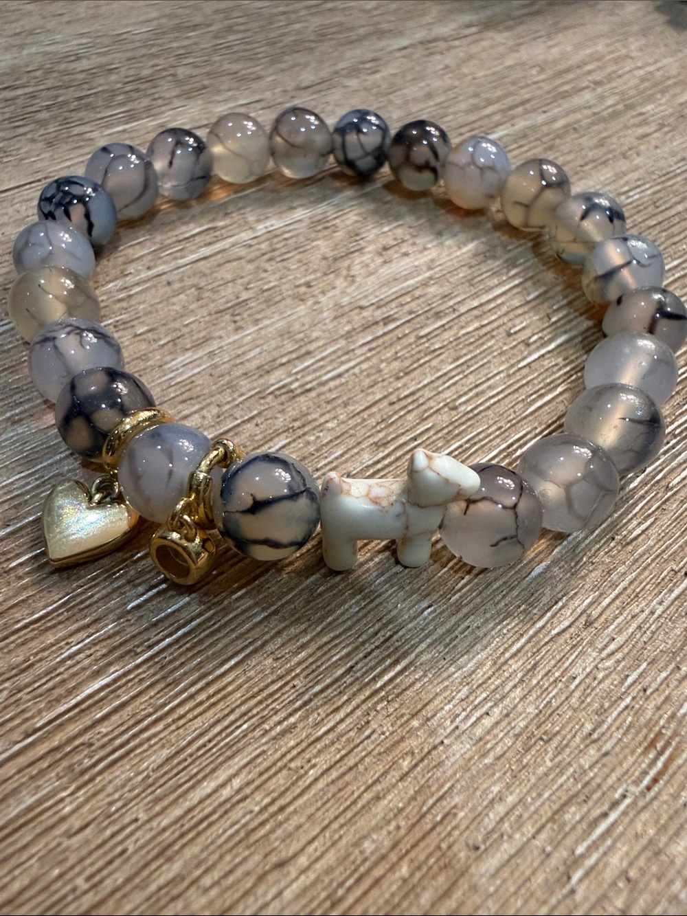 Gray Veined Agate Beaded Bracelet with Heart & Dog Charms